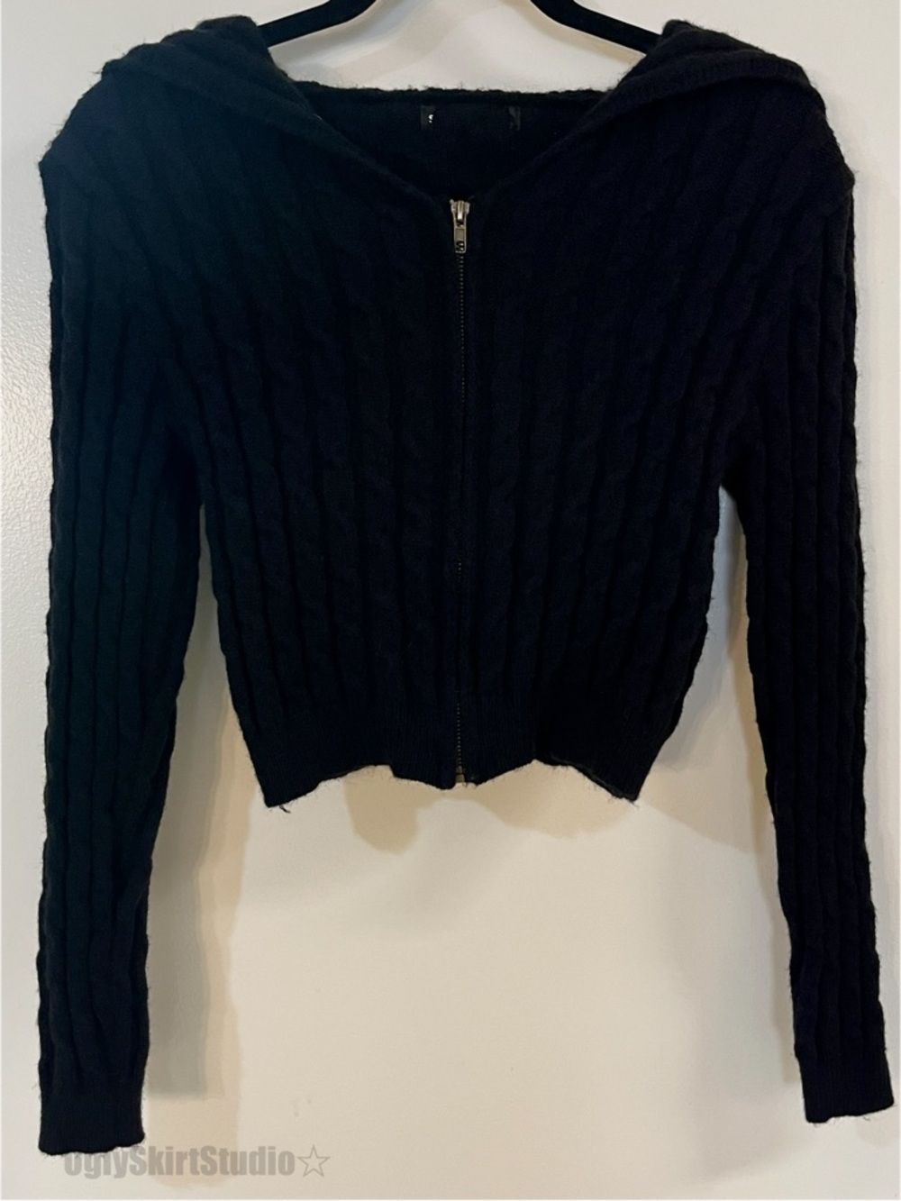 Black Ribbed Cropped Zip Hoodie SHEIN Y2K Soft Grunge Streetwear Top